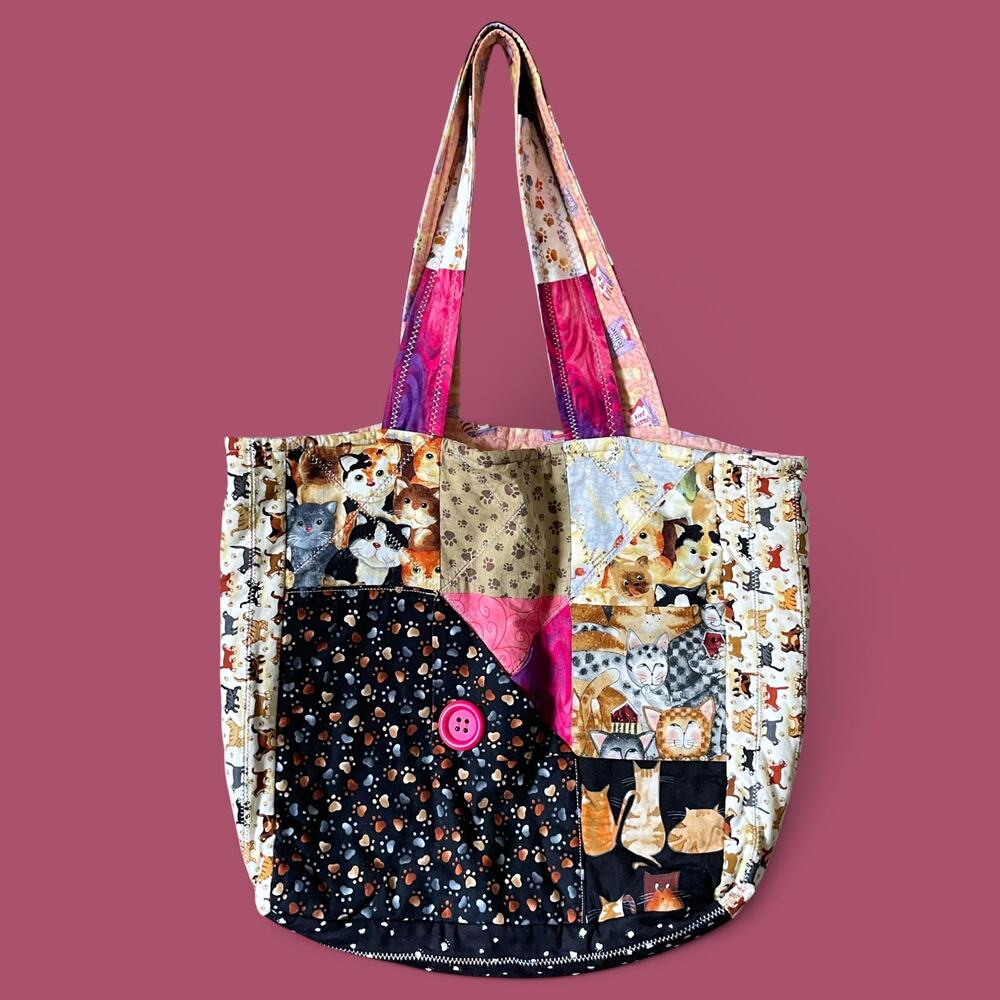 Handmade Quilted Patchwork Kitty Cat Tote Bag Multi Pocket Cotton Purse 15"